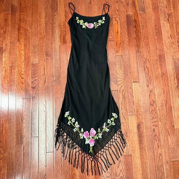 Betsey Johnson Dresses & Skirts - Vintage 90s Betsey Johnson New York Silk Black Sequin Asymmetrical Fringe Dress